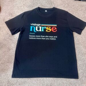 “Vintage Nurse” Noun T- Shirt “Knows More/Notices More” Black-Multicolor, Size S